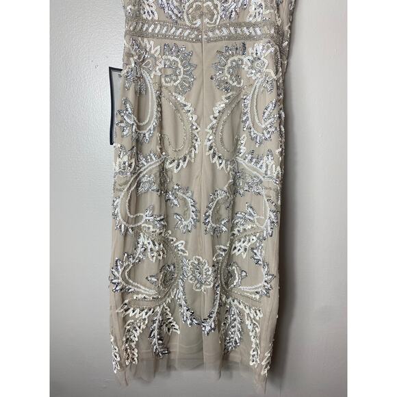NWT ADRIANNA PAPELL DRESS 2 SEQUIN BEADED SHORT MINI COCKTAIL FLORAL BISCOTTI - Picture 15 of 16